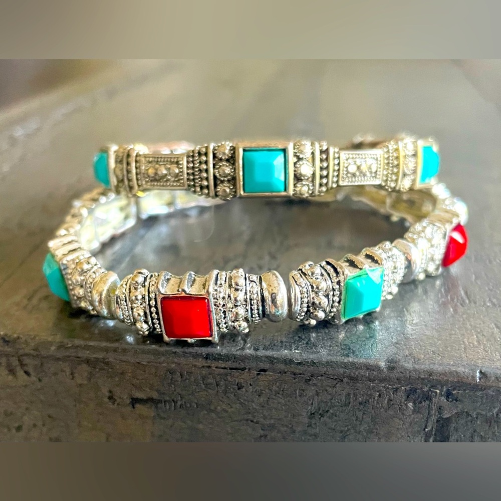 2/$20 Set of Two Stretch Bracelets withh Turquoise and Coral Inserts